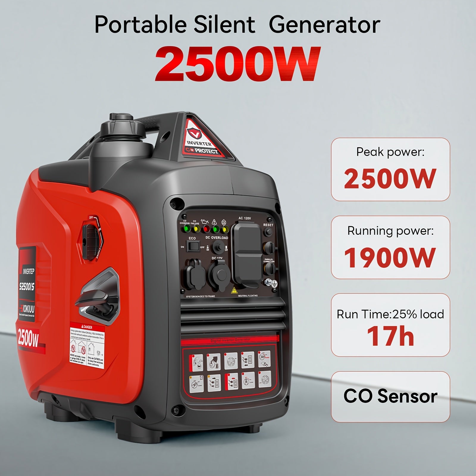 Portable inverter generator, ultra-quiet, CO alarm, rated power 2500W, rated power 1900W, rated power 3200W, rated power 2600W, rated power 3600W, rated power 3000W, rated power 4000W, rated power 3200W, rated power 4500W, rated power 3600W,