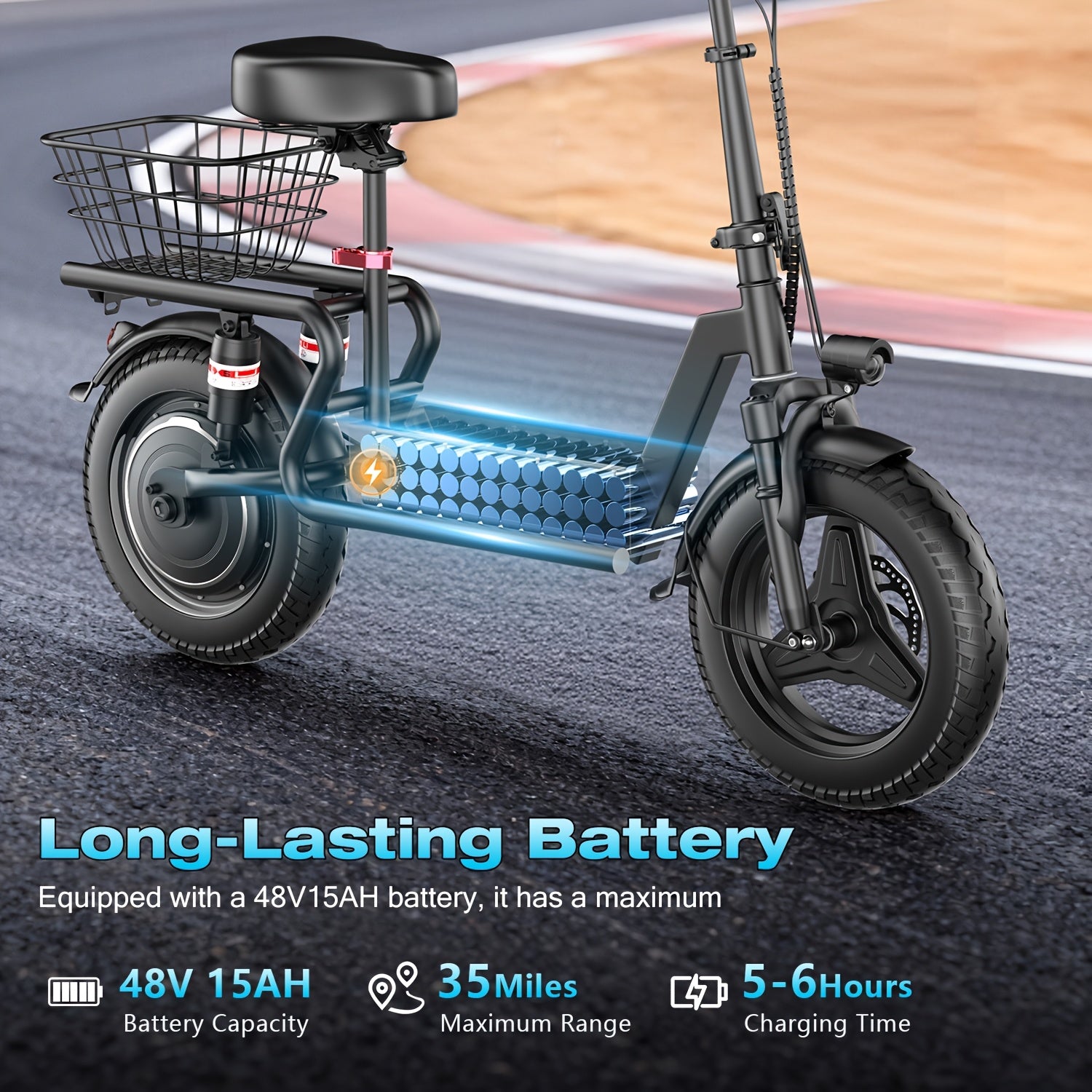 749W electric scooter with seat, 48V15AH high-capacity battery, 35 mph/19.9 mph, 14-inch pneumatic tires, adjustable seat and handlebar height, commuter scooter with dual suspension with storage basket