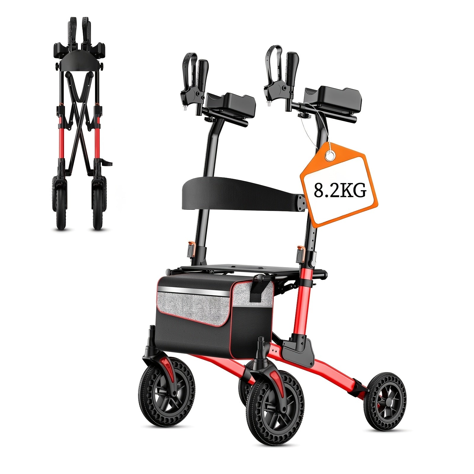 PERFCARE Height Adjustable Four Wheel Walker with Extended Shopping Basket and Seat - Heavy Duty Lightweight Folding Mobility Aids with Ergonomic Backrest, Height Adjustable Seat and Large All Terrain Wheel for the elderly, adults, travel, shopping