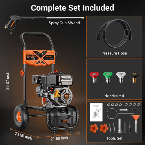 3500PSI High Pressure Washer - 2.3 gallons per minute (approx. 212 ml/min) gasoline engine type washer with 25-foot hose and 4 quick-connect multi-angle nozzles, yard car high pressure washer, perfect for cleaning outdoor surfaces, roads and walls
