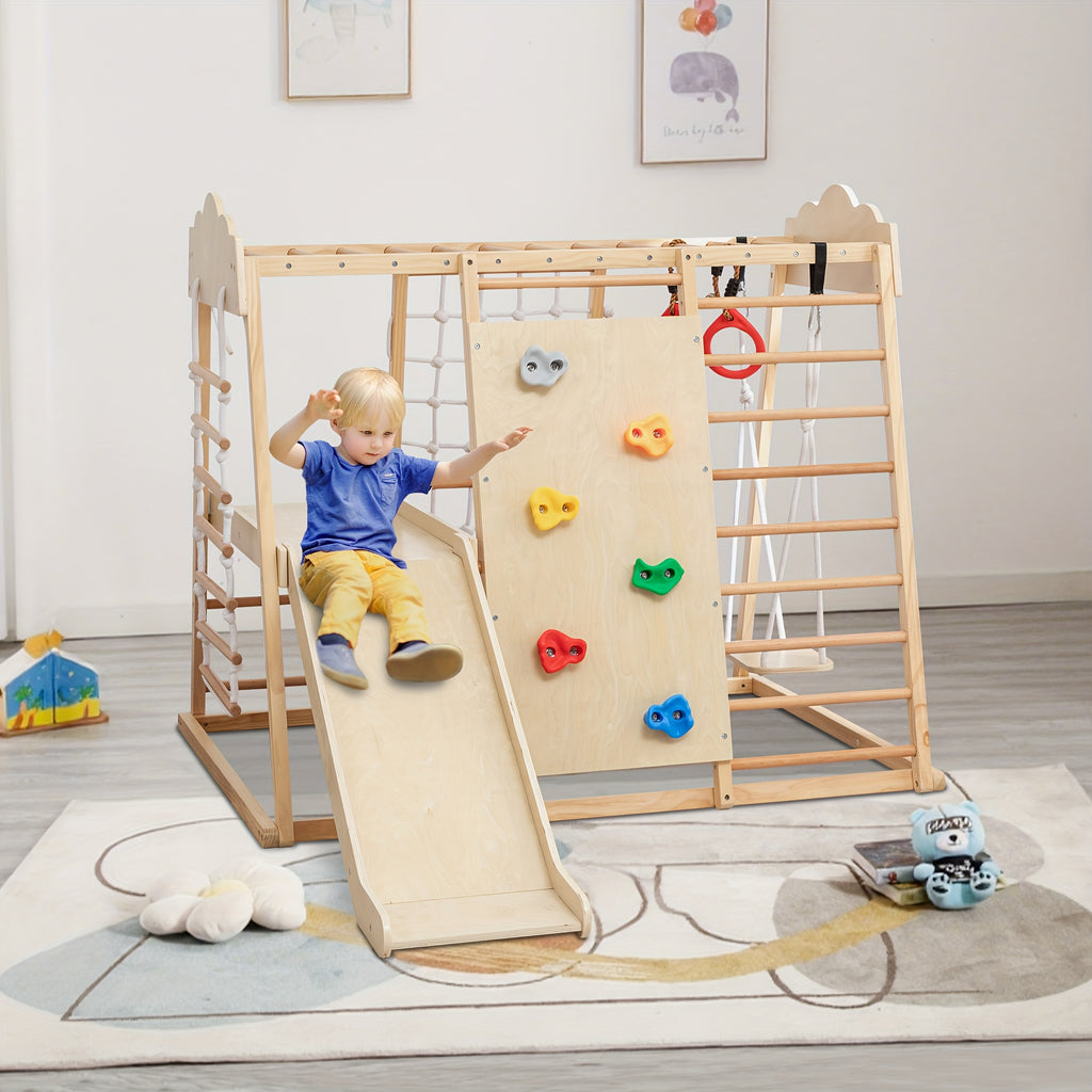 8-in-1 indoor jungle gym for kids, toddler playground with slide, swing, and climbing rock wall, wooden climbing toy set, playground equipment, natural wood finish