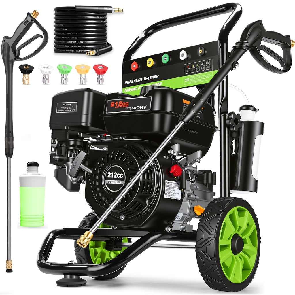 MAX 4200PSI 3GPM 212CC Commercial Gas Pressure Washer, 7.0 HP Professional Gas Washer with 5 Nozzles, 25 'Hose, 33.81 oz Foam Bottle for Automobiles, Fences, Driveways, Yards (EPA/CARB/ETL Compliant), Black