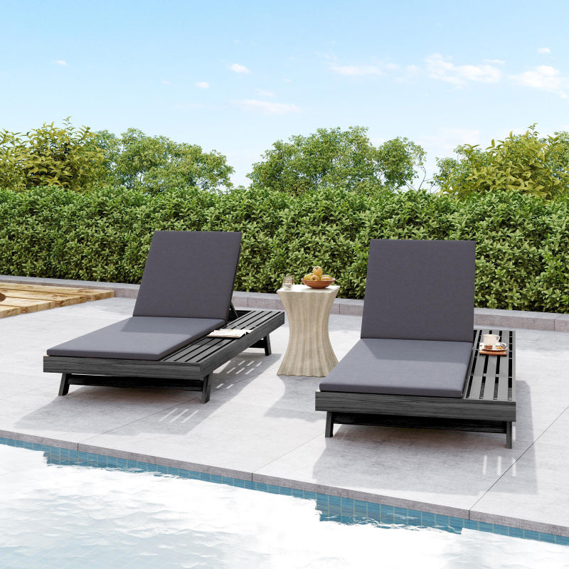 Lounge Chaise Set, Space Available On One Side, Acacia Wood In Black with Water-Resistant Lounge Cushions Dark Grey and 2 Inch Thick Matching Cream/Leaf Coconut Version Available