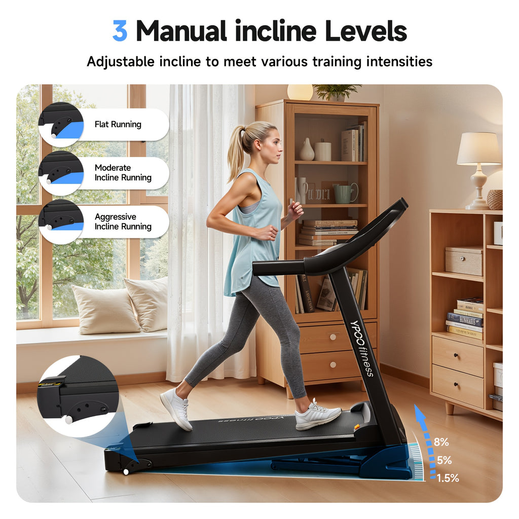 Home treadmill with slope self-folding wireless connection running mat, 8.0 mph speed, 300-pound weight-bearing home fitness treadmill