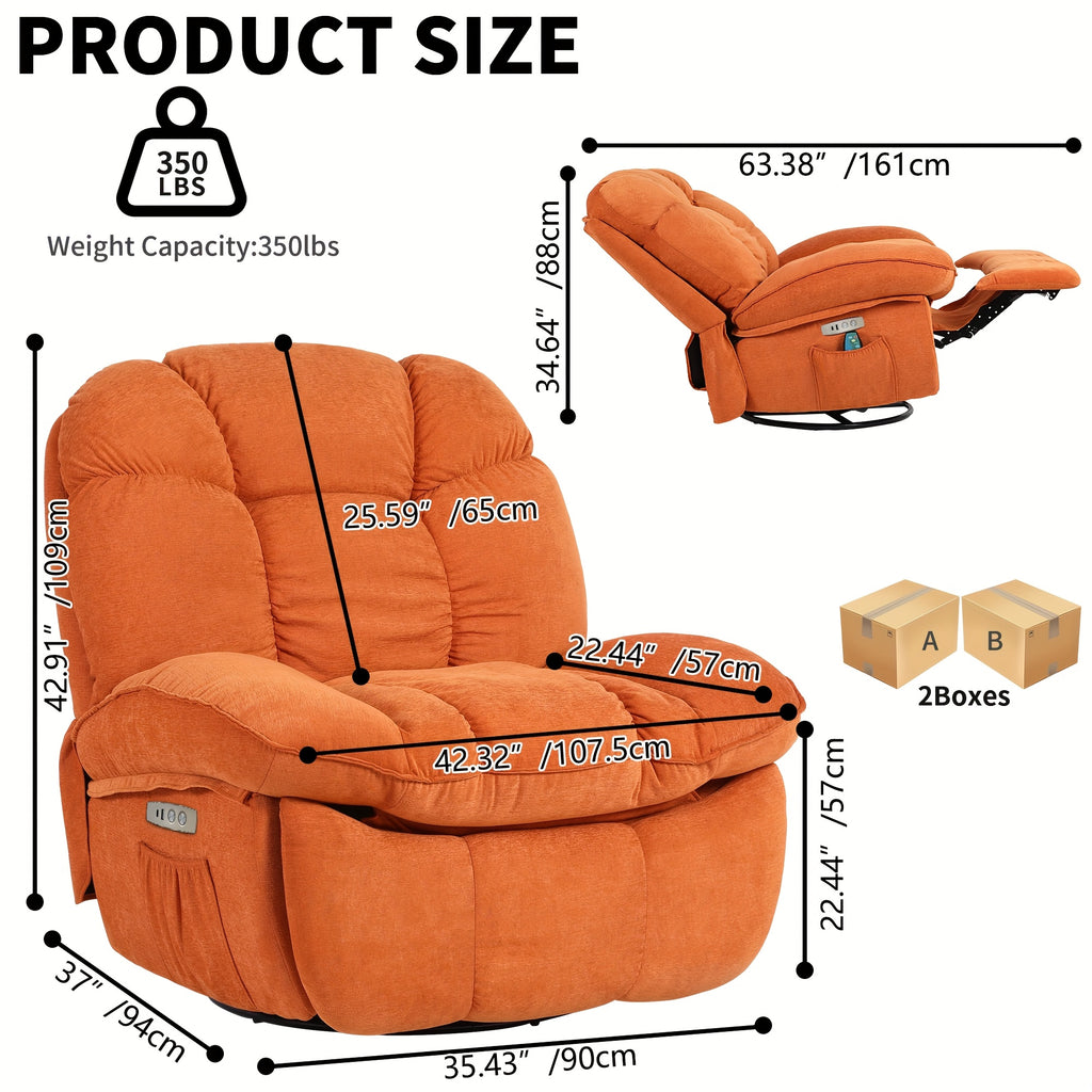 Electric rocking chair, super filled rotating rocking chair with vibration massage and heating function, modern single sofa rocking chair, electric rocking chair with USB port, USB-C port and side pocket, living room decoration.