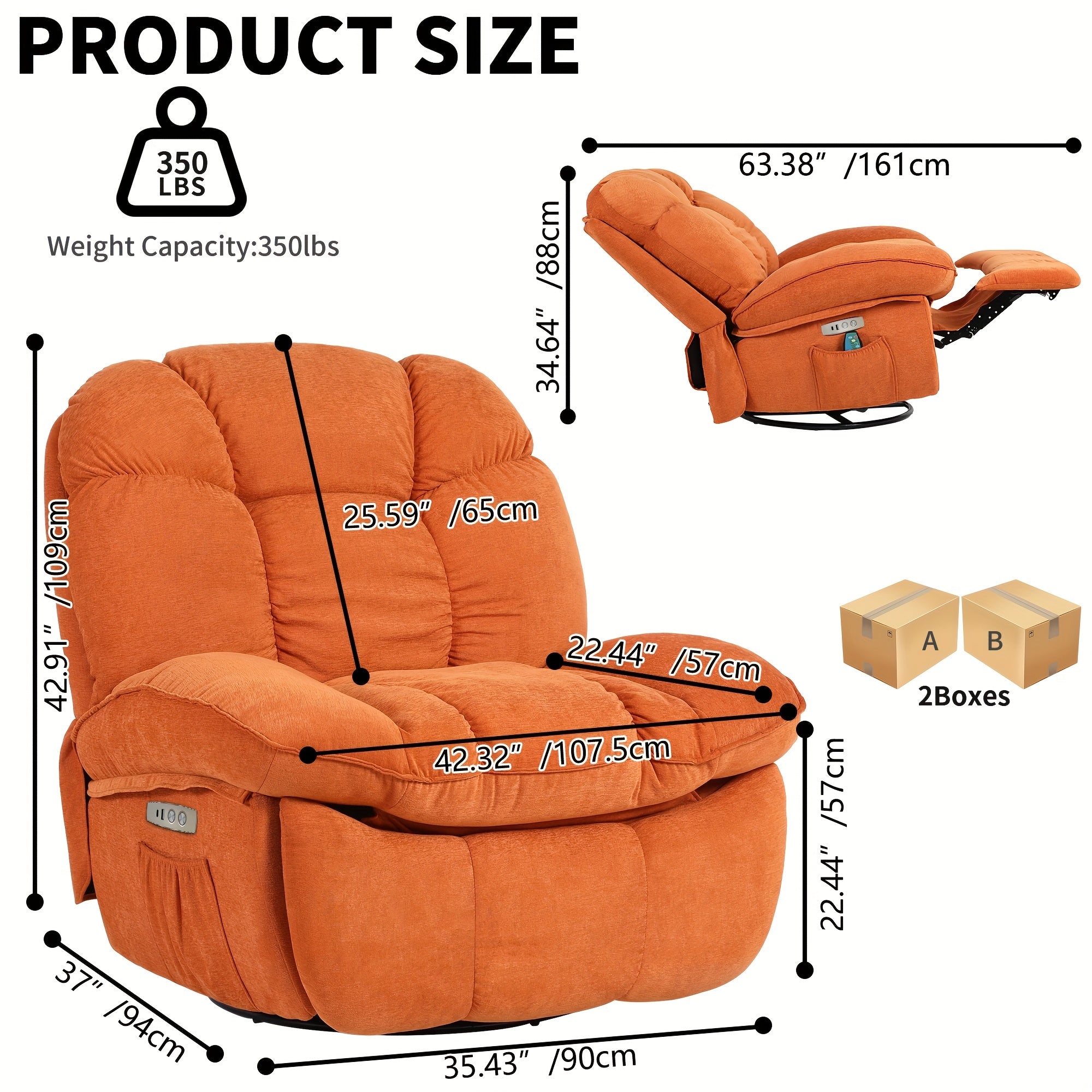 Electric rocking chair, super filled rotating rocking chair with vibration massage and heating function, modern single sofa rocking chair, electric rocking chair with USB port, USB-C port and side pocket, living room decoration.