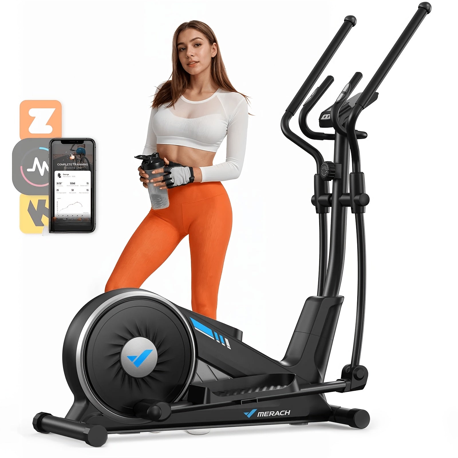 MERACH elliptical home fitness machine, ultra-quiet magnetic drive system, 16-speed resistance adjustment, 15.5IN step size, 350LBS load-bearing capacity, App connection