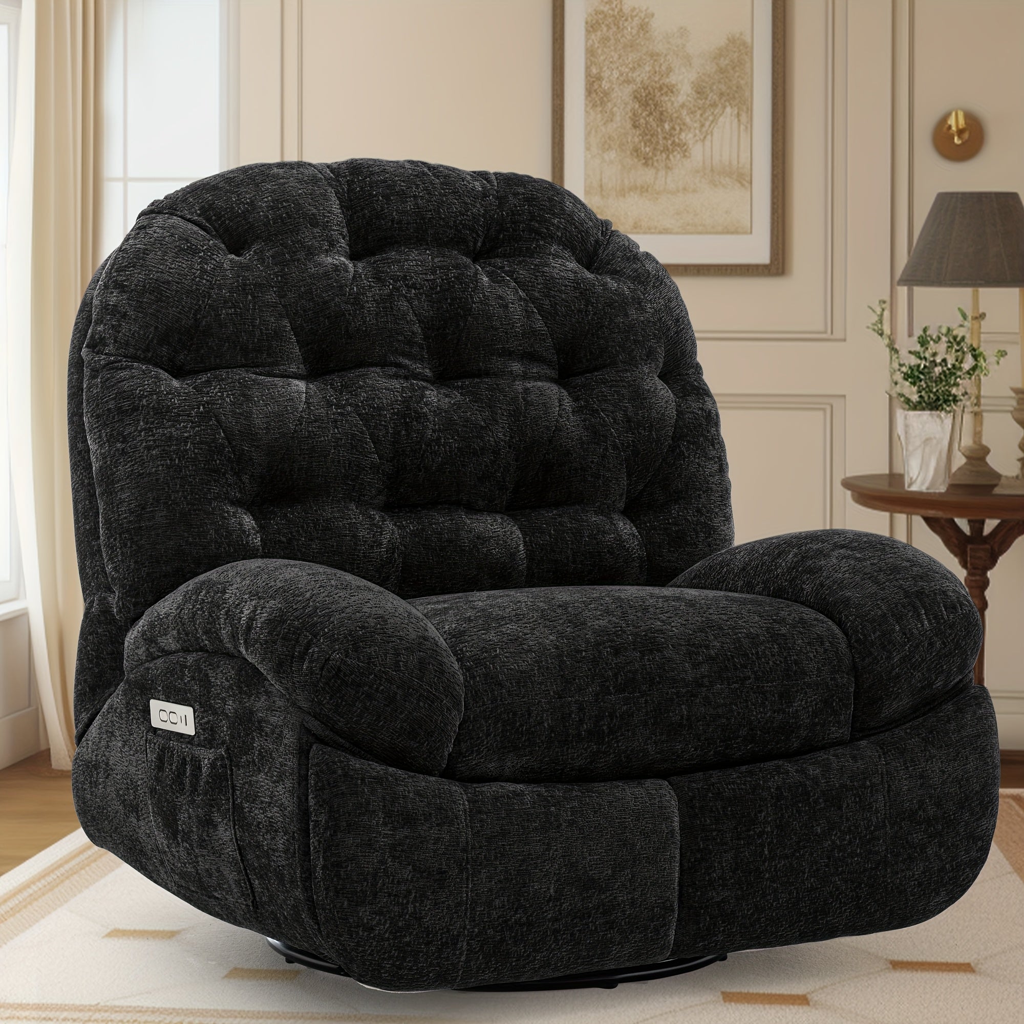 Large rotating recliner, adult rocking chair electric recliner, electric recliner, comfortable soft shell recliner, with USB port and living room storage space, chenille fabric, free shipping