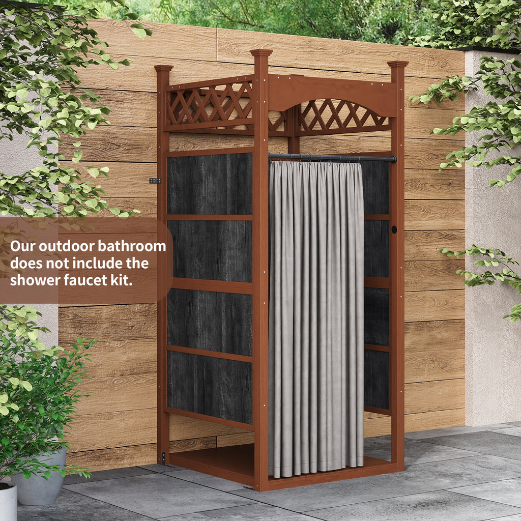 Outdoor shower with privacy curtain and privacy board - solid wood construction, suitable for poolside wash stations, changing rooms, beach showers and outdoor bathrooms - weatherproof wooden shower with privacy curtain