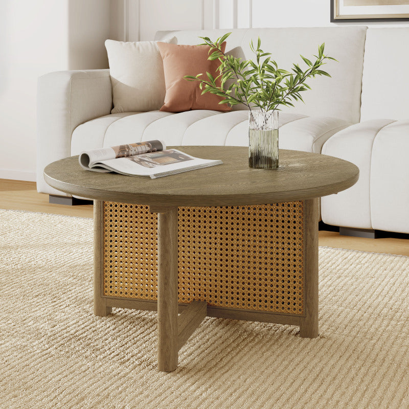 32'' Rattan Coffee Table, Round Rattan Woven Wood Coffee Table