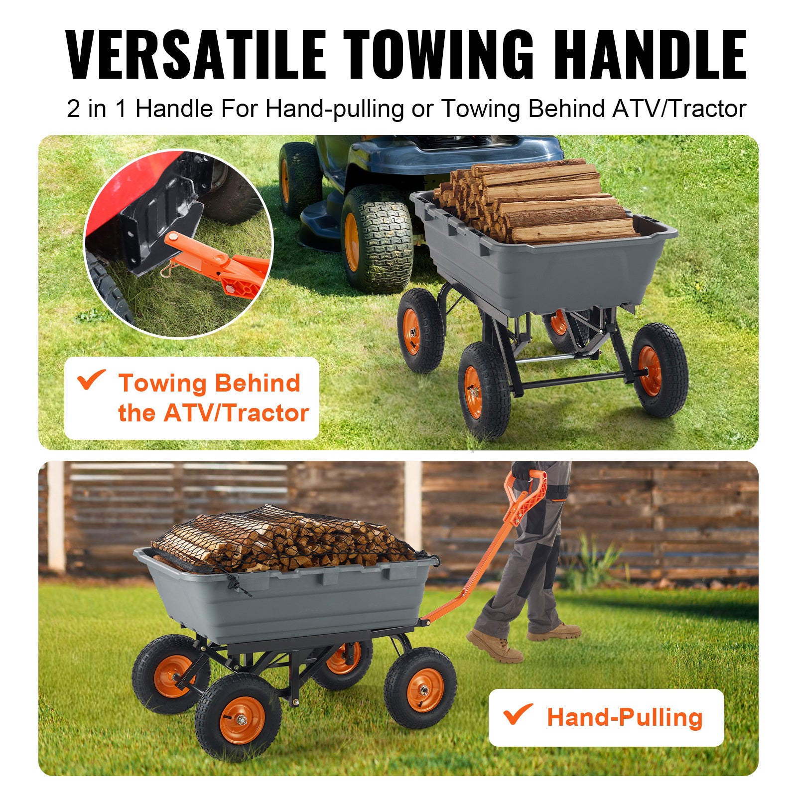 VEVOR dump truck, polyethylene garden dump truck with easy-to-assemble steel frame, dump truck with 2-in-1 convertible handle, utility trolley 1500 lbs weight, 13-inch tires