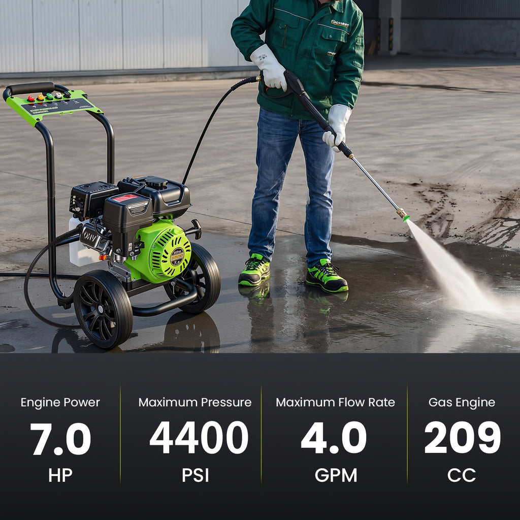 Maximum pressure 4400PSI, flow rate 3 gallons/minute, displacement 209 ml Commercial gas pressure washer with 10-inch tires, 7.0 horsepower professional gas washer with 5 nozzles, 25 feet of high pressure hose, and 50.72 oz foam bottle for automobiles