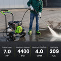 Maximum pressure 4400PSI, flow rate 3 gallons/minute, displacement 209 ml Commercial gas pressure washer with 10-inch tires, 7.0 horsepower professional gas washer with 5 nozzles, 25 feet of high pressure hose, and 50.72 oz foam bottle for automobiles