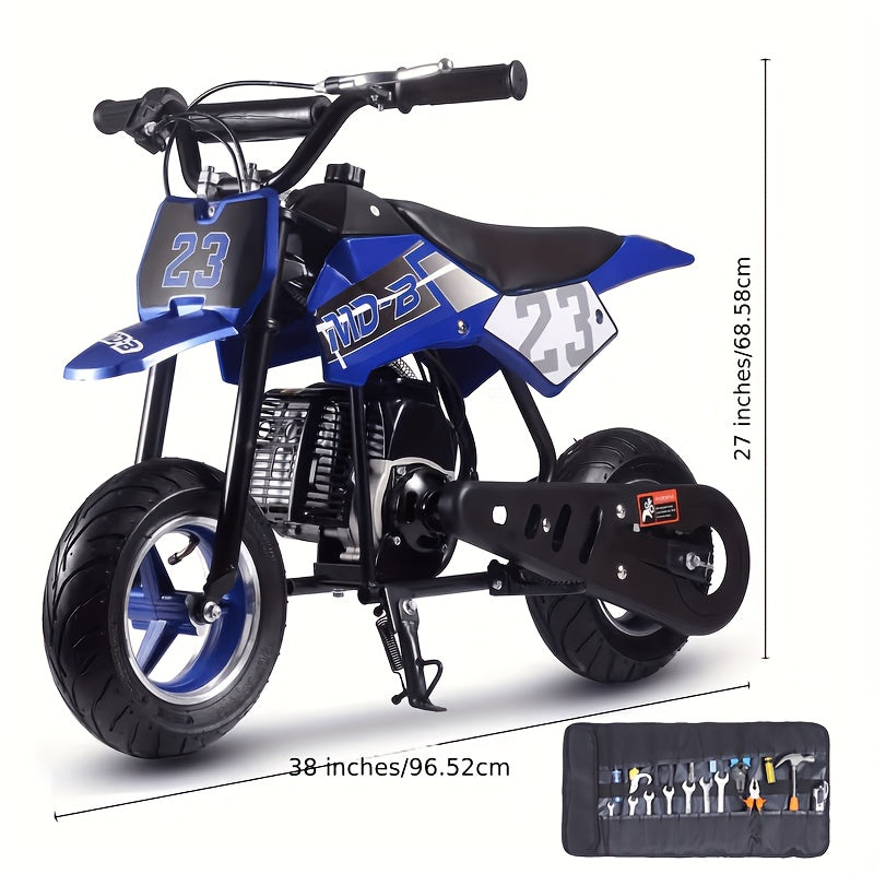 Gas oil motorcycle, off-road motorcycle, 49 CC two-stroke gas oil motorcycle (model: DB001), top speed: 20 Mph, EPA certified, with rear suspension, kill stop switch, disc brake. Surprise gift, battery free