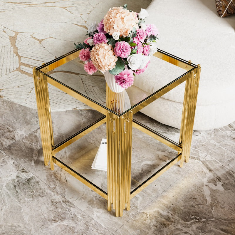 Modern Transparent Glass End Table for Living Room, Square, Asymmetrical Metal, Golden End And Lower Shelf, 19.9"