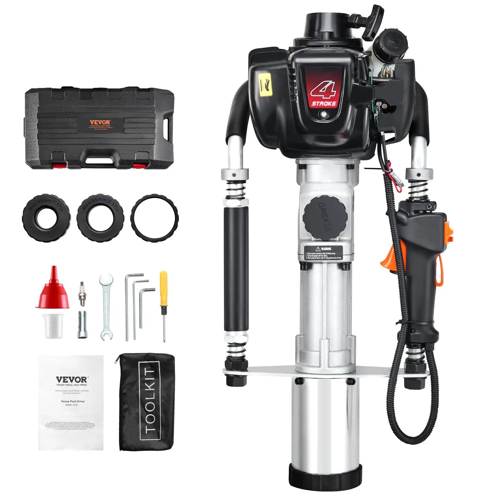 【DealsForYouDays】VEVOR 37.77cc Gas-Powered T Post Driver, 4-Stroke Engine Gasoline Fence Piling Pounder, with 3 Post Driving Head(45/55/88 mm) , 1000W Portable Piledriver For Farm, Ranch Fencing, Road Improvements