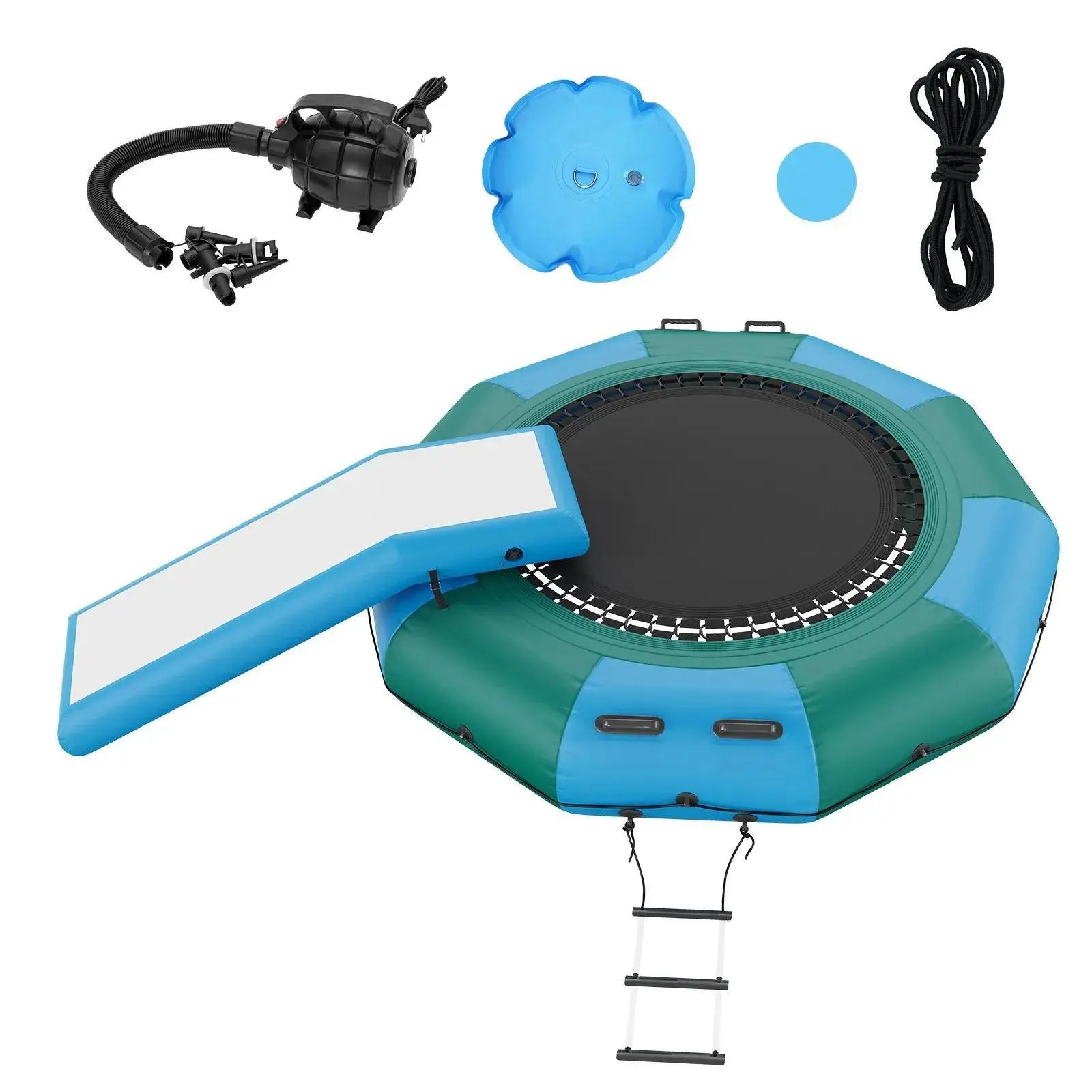 【DealsForYouDays】VEVOR Inflatable Water Bouncer,  10ft Recreational Water Trampoline, Portable Bounce Swim Platform with Slide, 3-Step Ladder & Electric Air Pump, Kid Adult Floating Rebounder for Pool Lake Water Sports