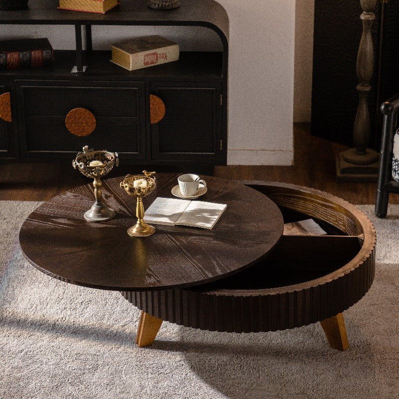 39.37'' Retro Round Coffee Table Suitable for Living Room & Office - Space-Saving Brown Table with Assembly-Free Setup, Non-Wood, Modern Minimalist for Small Spaces & Gatherings