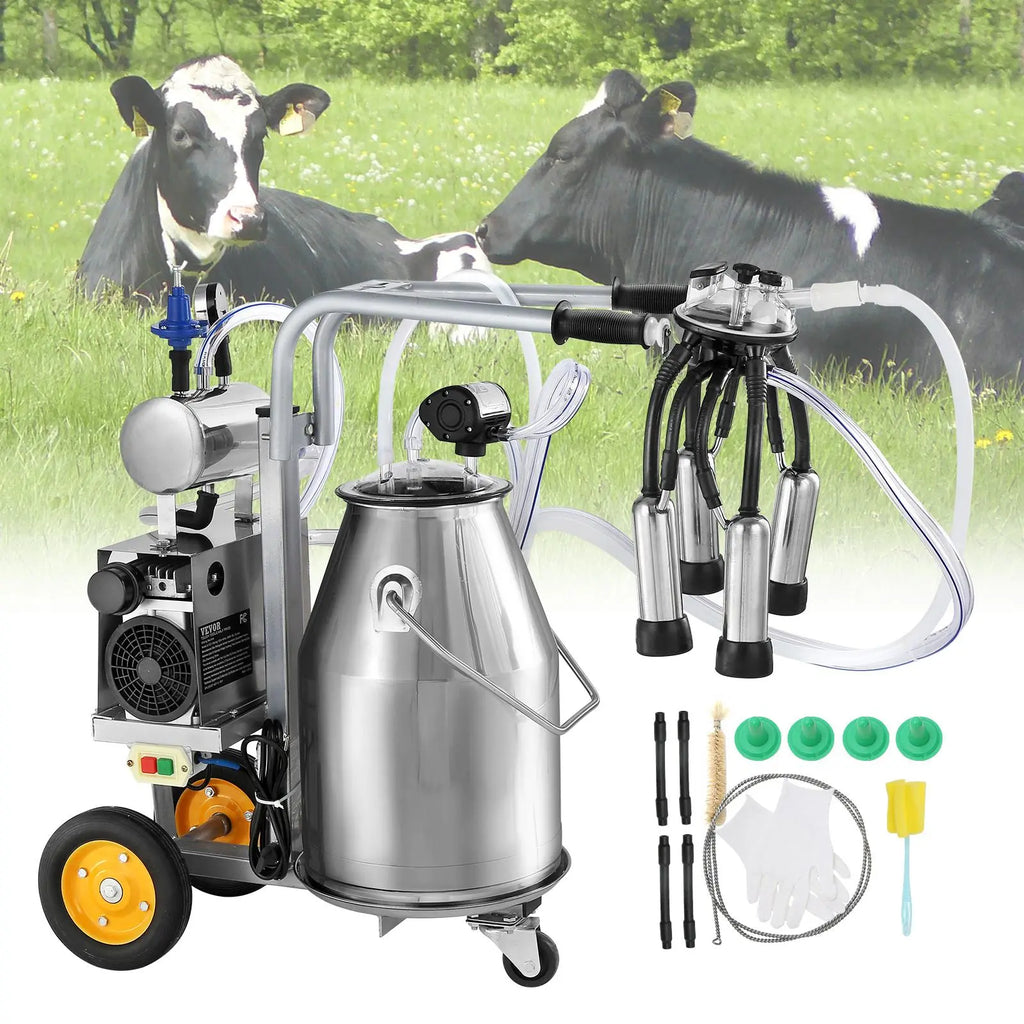 【DealsForYouDays】VEVOR Electric Cow Milking Machine, 6.6 Gal / 25 L 304 Stainless Steel Bucket, Automatic Pulsation Vacuum Milker, Portable Milker with Food-grade Silicone Cups and Tubes, Adjustable Pressure