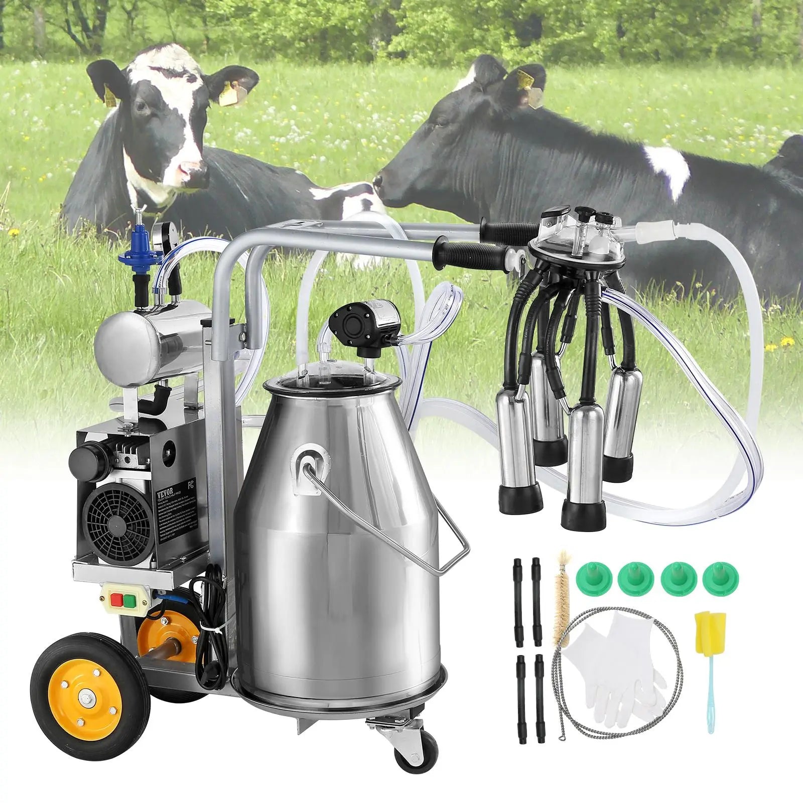 【DealsForYouDays】VEVOR Electric Cow Milking Machine, 6.6 Gal / 25 L 304 Stainless Steel Bucket, Automatic Pulsation Vacuum Milker, Portable Milker with Food-grade Silicone Cups and Tubes, Adjustable Pressure