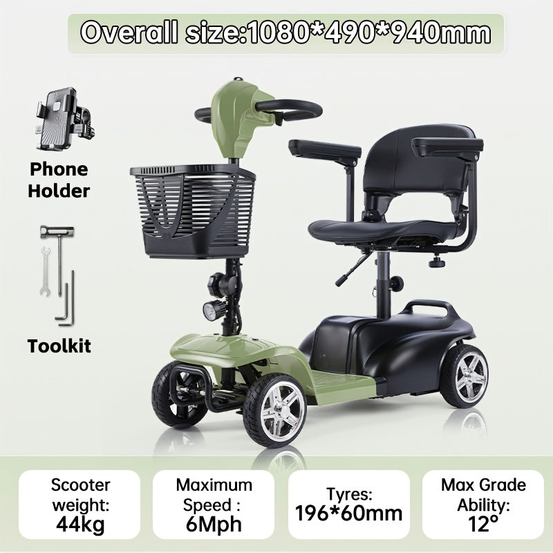 Adult four-wheel folding scooter with 250-watt 12-volt motor, 15-mile 12-amp-hour battery, LED headlights and removable storage basket. Comes with tool set, charger and instructions. Holiday surprise gift