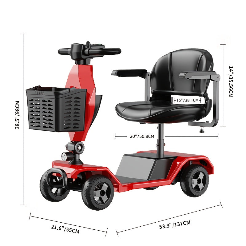 Four-wheel electric scooter, foldable, with 250W motor, 24V 12Ah battery, 15.5 miles, 8-inch solid tires, 300 lb load, with removable basket, front headlights, rear anti-dump wheels, easy to drive uphill